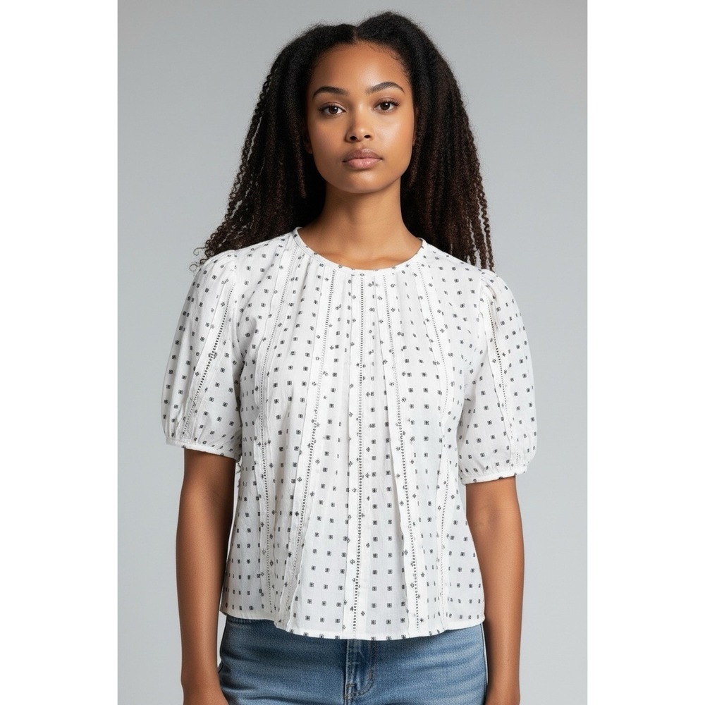 LOFT White Black Geometric Puff Short Sleeve 100% Cotton Blouse Women's XL